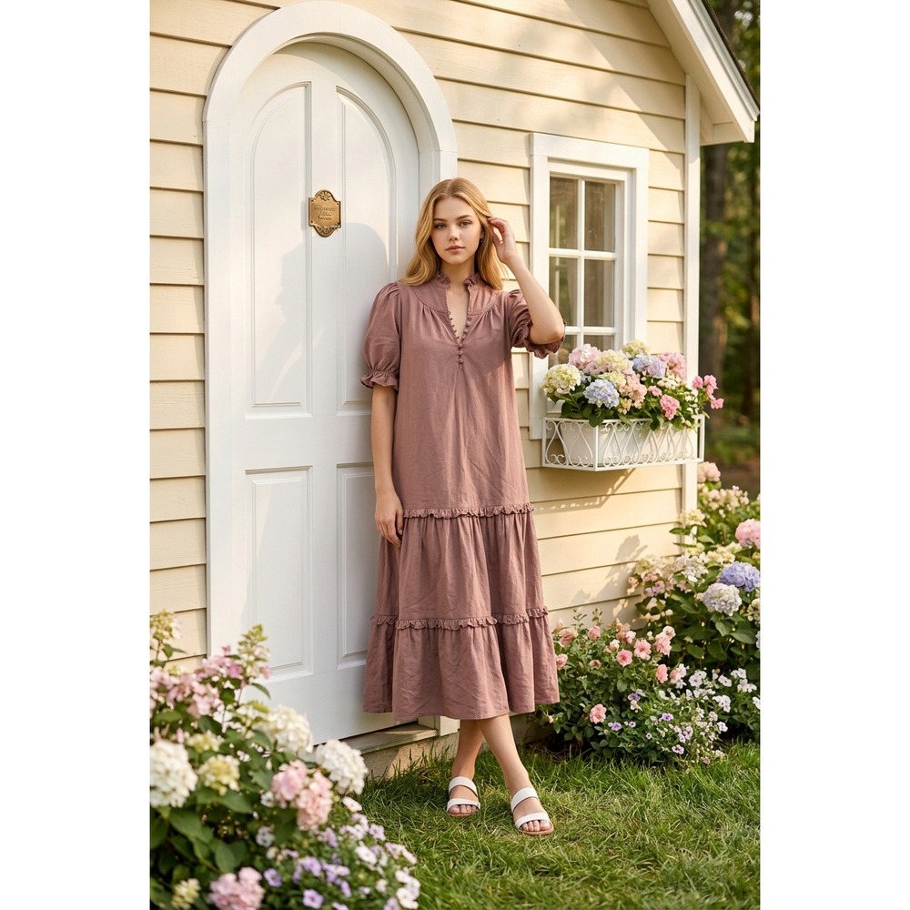 Pomander Place Brown Tiered Ruffle Midi Dress Puff Sleeve Cotton Blend Size M